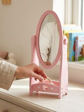 Montessori Wooden Dressing Mirror, Kids Full Length Storage Stand